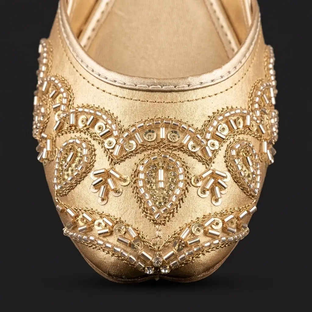 Champagne Paisley Cutdana khussa stored properly in box