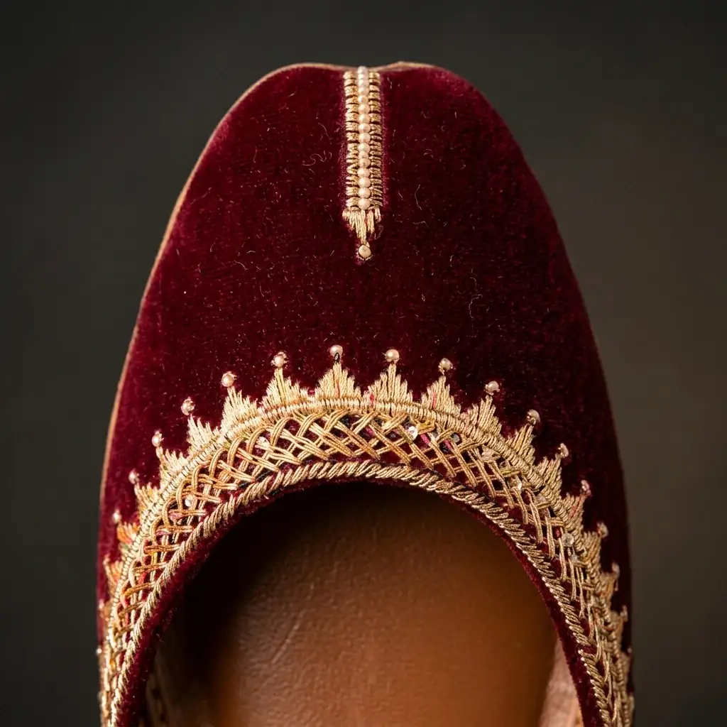 Royal Velvet khussa side view — burgundy velvet with gold embroidery