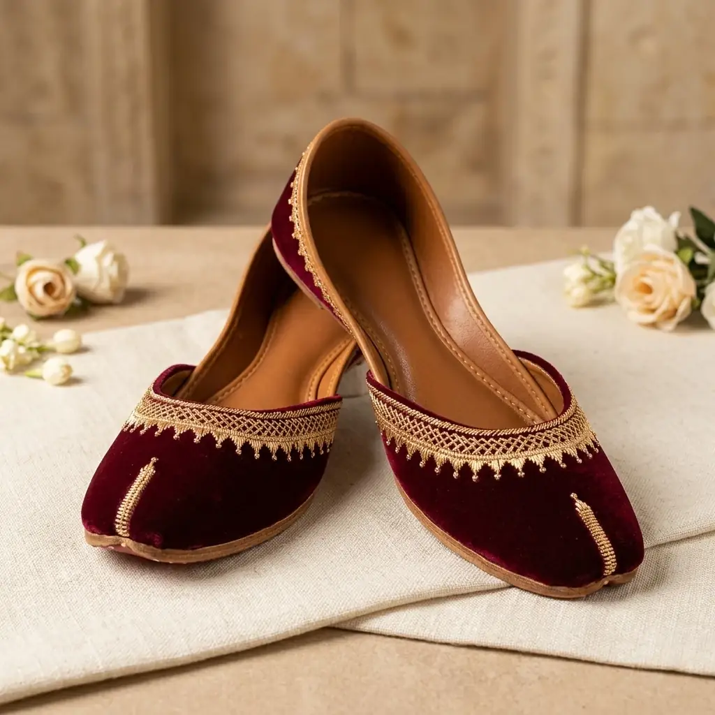 Royal Velvet burgundy khussa for winter weddings