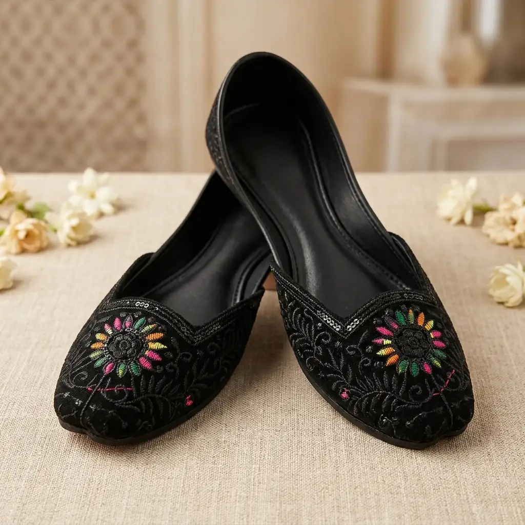 Black Floral khussa — elegant black khussa for wedding reception
